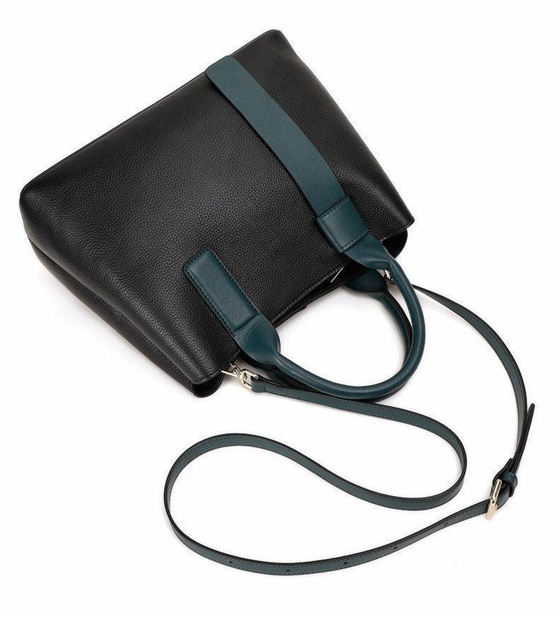 Black Leather Tote Handbag  & Teal Green Handles