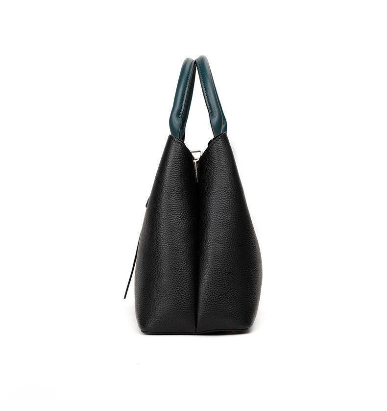 Black Leather Tote Handbag  & Teal Green Handles