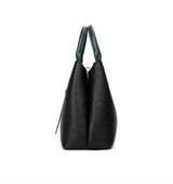 Black Leather Tote Handbag  & Teal Green Handles