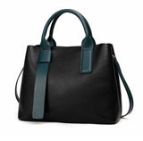 Black Leather Tote Handbag  & Teal Green Handles