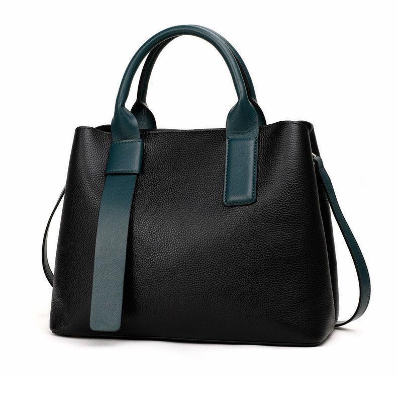 Black Leather Tote Handbag  & Teal Green Handles