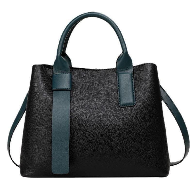 Black Leather Tote Handbag  & Teal Green Handles