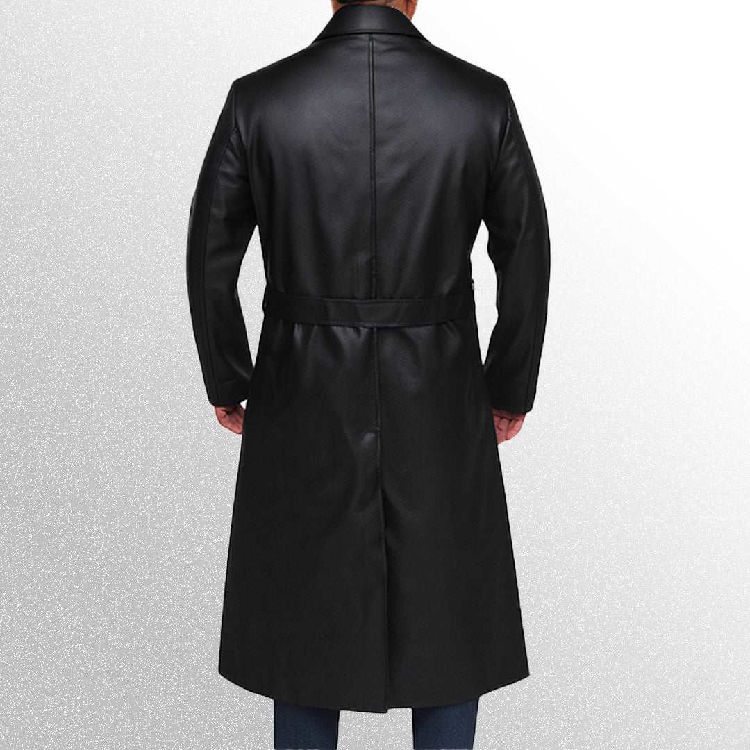 Black leather trench coat back image