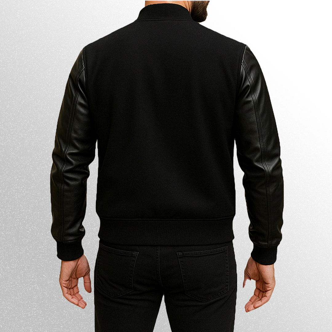 Black varsity jacket with leather sleeves back image