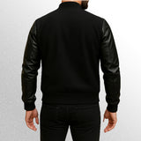 Black varsity jacket with leather sleeves back image