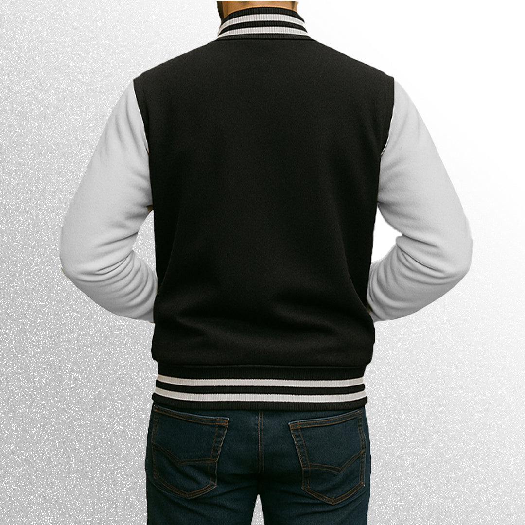 Black and white varsity jacket back