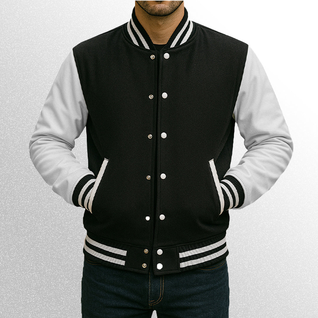 black and white varsity jacket with leather sleeves 