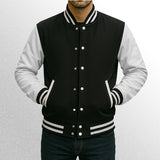 black and white varsity jacket with leather sleeves 