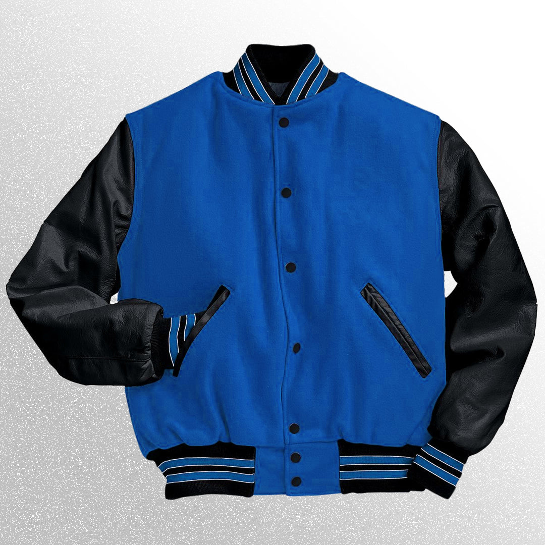 Blue and black varsity jacket