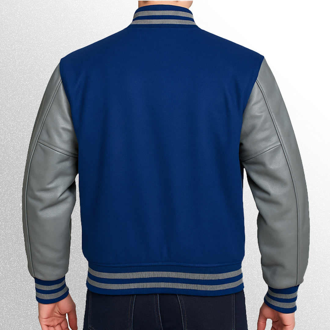 Blue and gray varsity jacket with leather sleeves back image