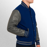 Blue and gray varsity jacket side pose