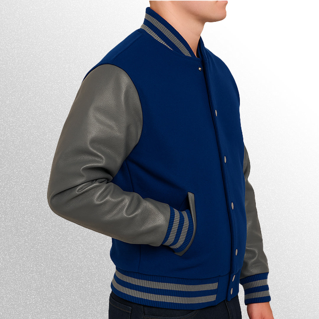 Blue and gray varsity jacket side pose