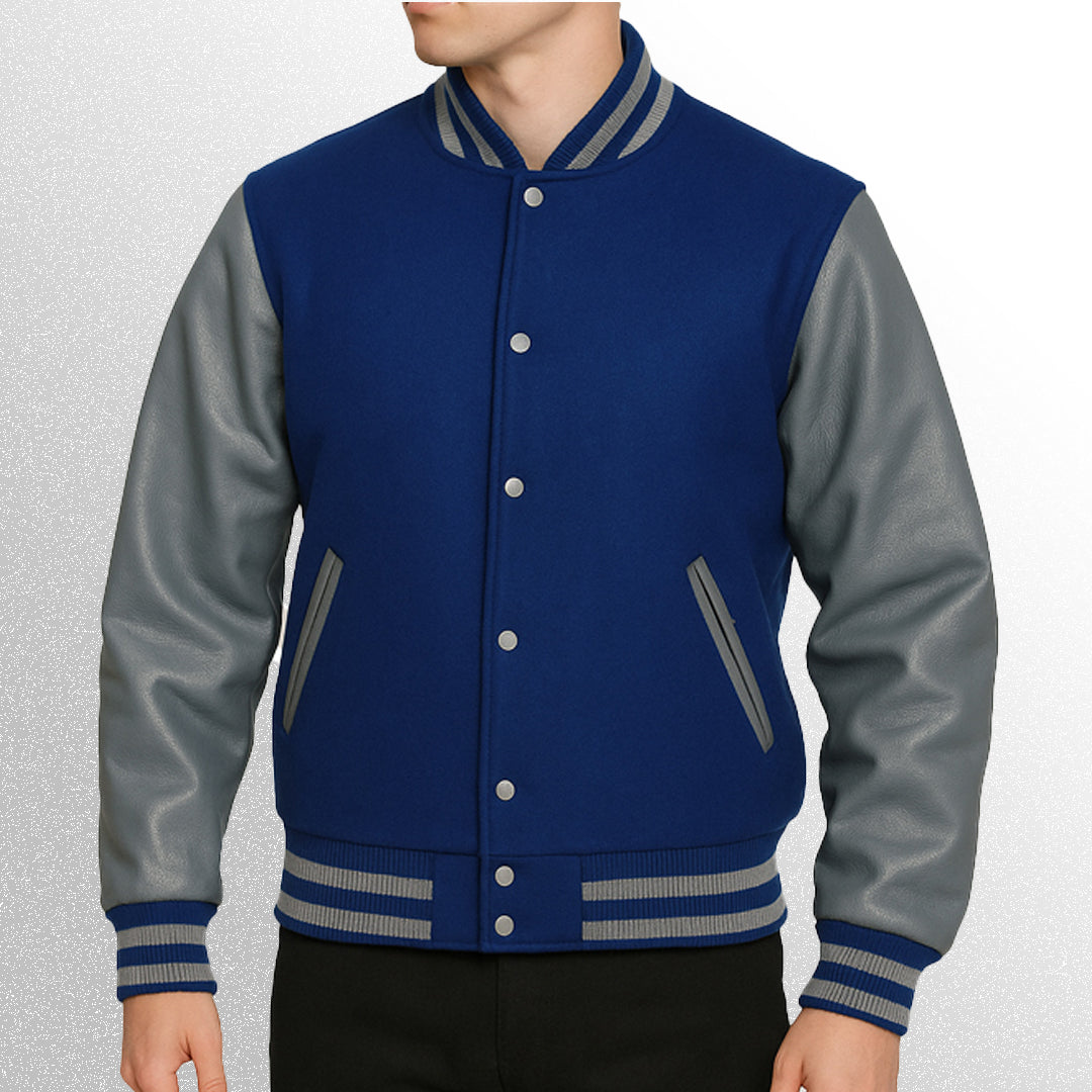 Blue and grey varsity jacket with leather sleeves