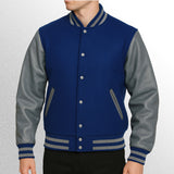 Blue and grey varsity jacket with leather sleeves