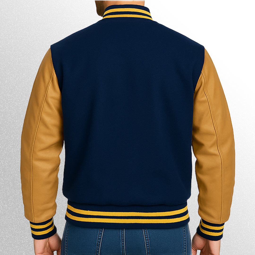 Blue varisty jackets with leather sleeves back view