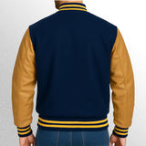 Blue varisty jackets with leather sleeves back view