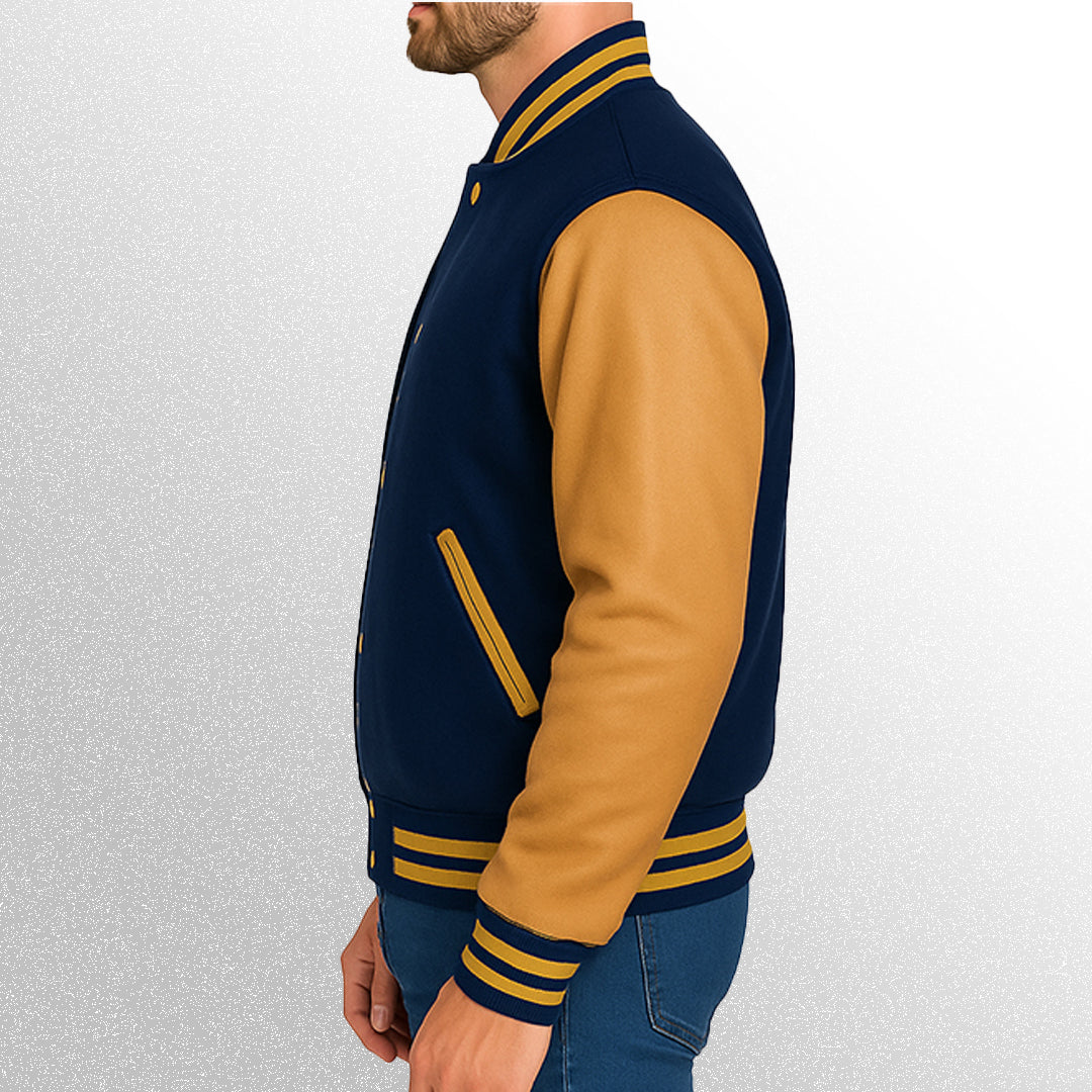 Blue and yellow varsity jacket side pose
