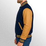 Blue and yellow varsity jacket side pose