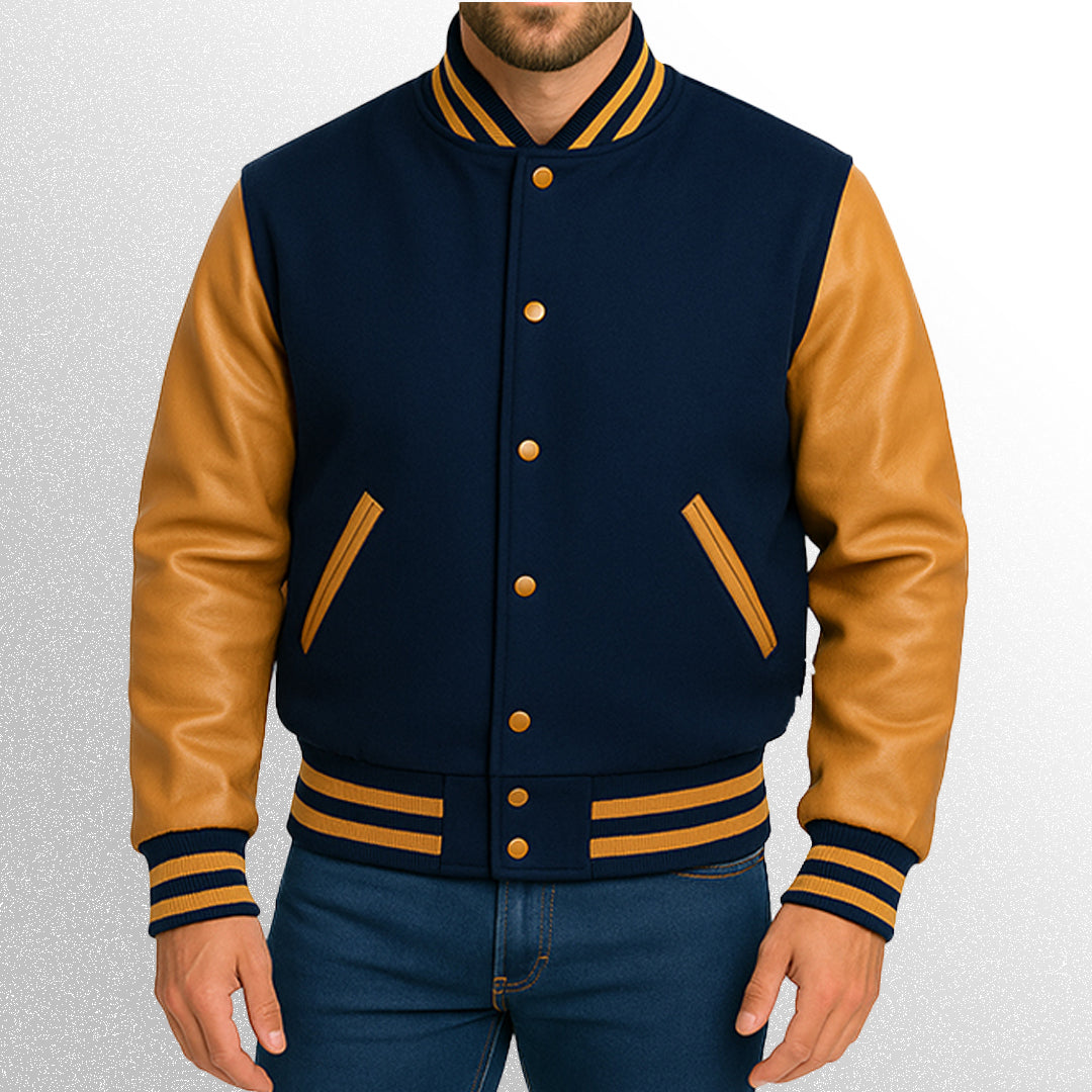 Blue and yellow varsity jacket