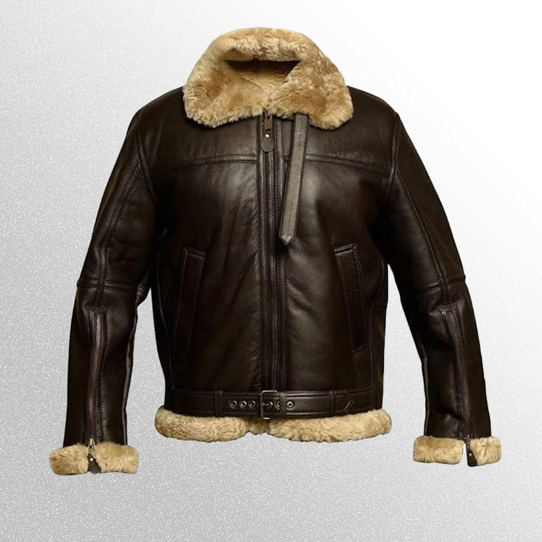 Brown genuine shearling sheepskin leather B-3 RAF Aviator bomber jacket