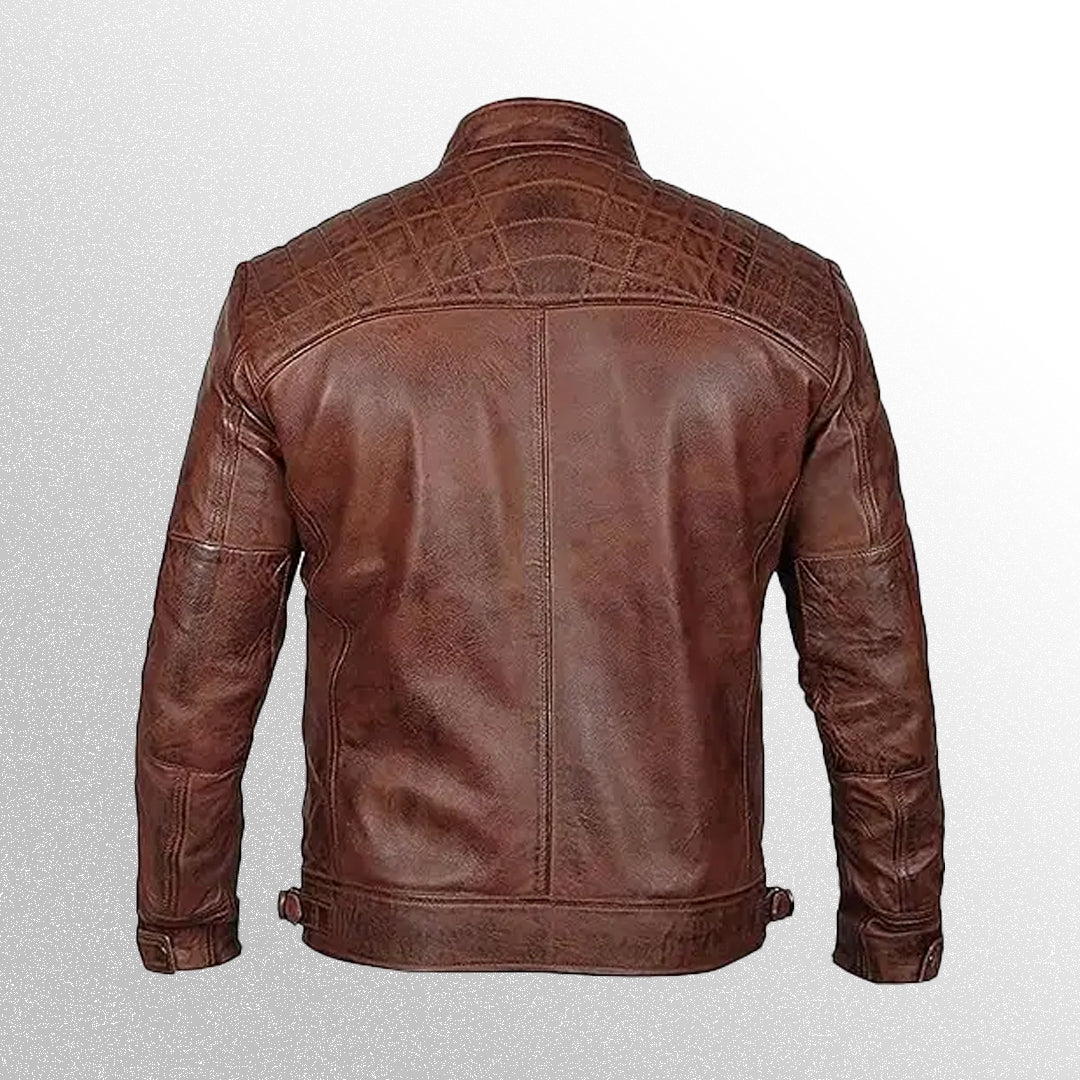 Brown cafe racer leather jacket back view