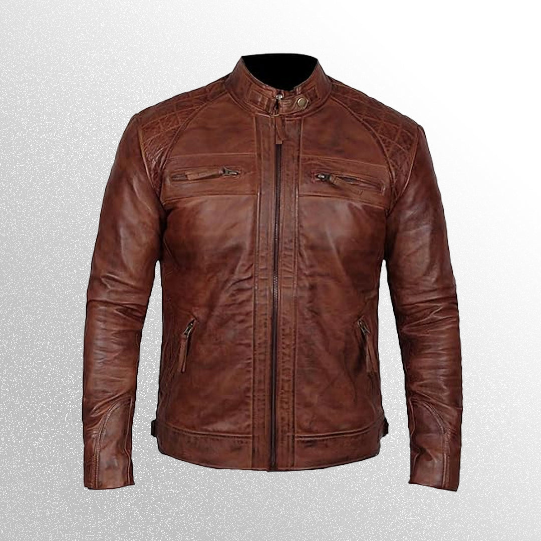 Brown Cafe racer waxed leather jacket