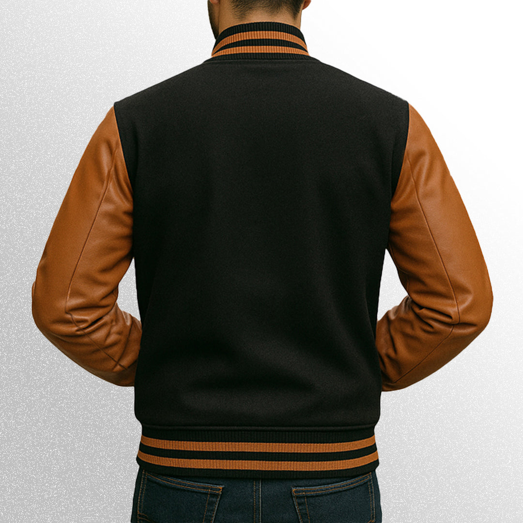 Black jacket with brown leather sleeves back view