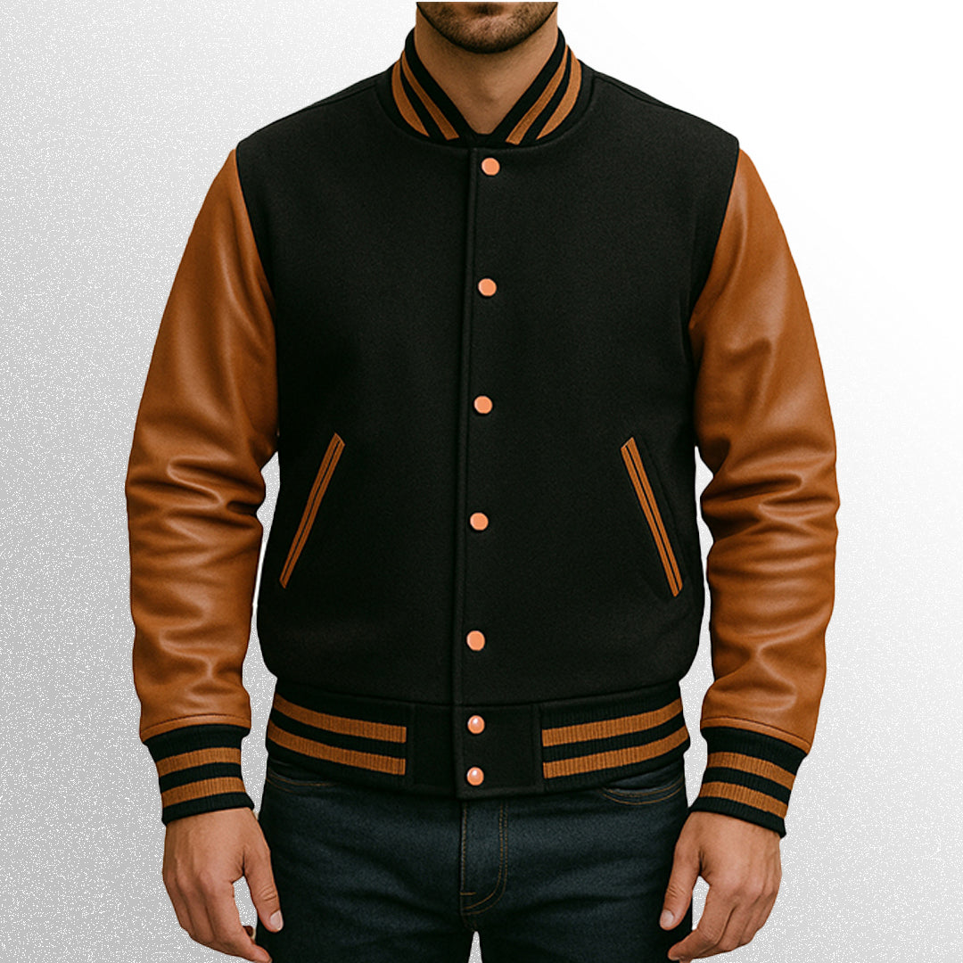 Black and brown varsity jacket with leather sleeves 