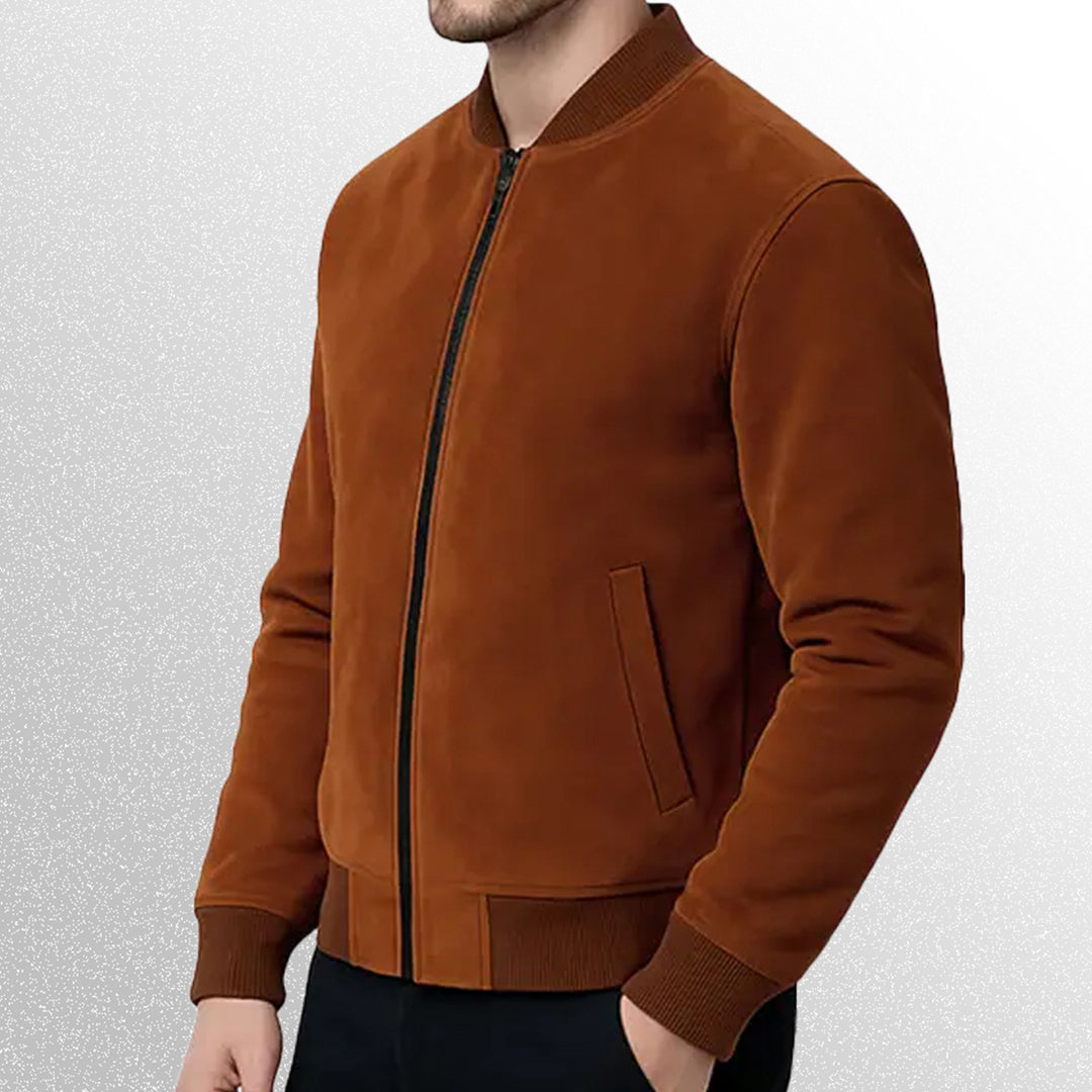 Brown suede bomber jacket side pose