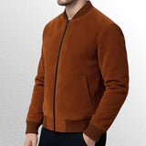 Brown suede bomber jacket side pose