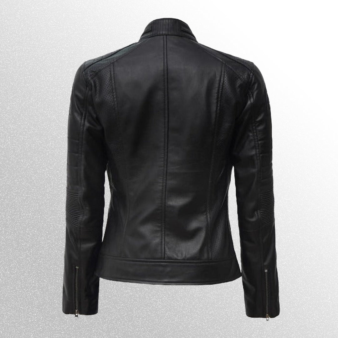 Black cafe racer leather jacket for women back 