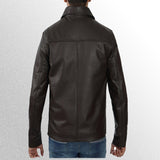 Men's dark brown vintage shirt collar leather jacket back view