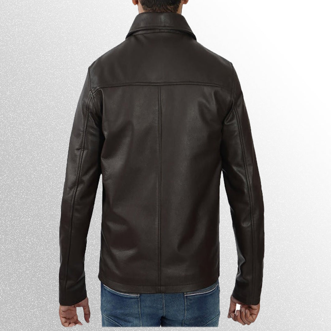 Men's dark brown vintage shirt collar leather jacket back view