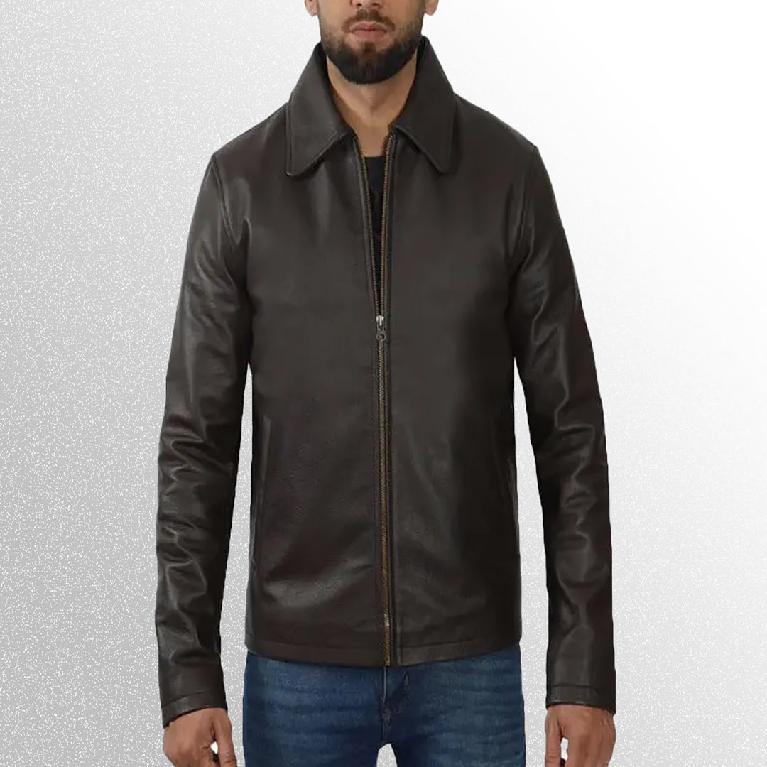 Men's dark brown vintage shirt collar leather jacket front view half zip in