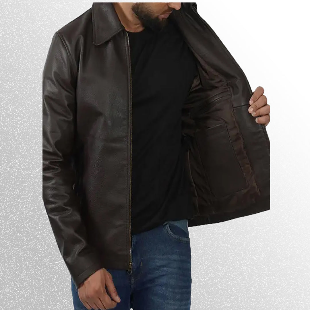 Men's dark brown vintage shirt collar leather jacket inner shell