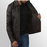 Men's dark brown vintage shirt collar leather jacket inner shell