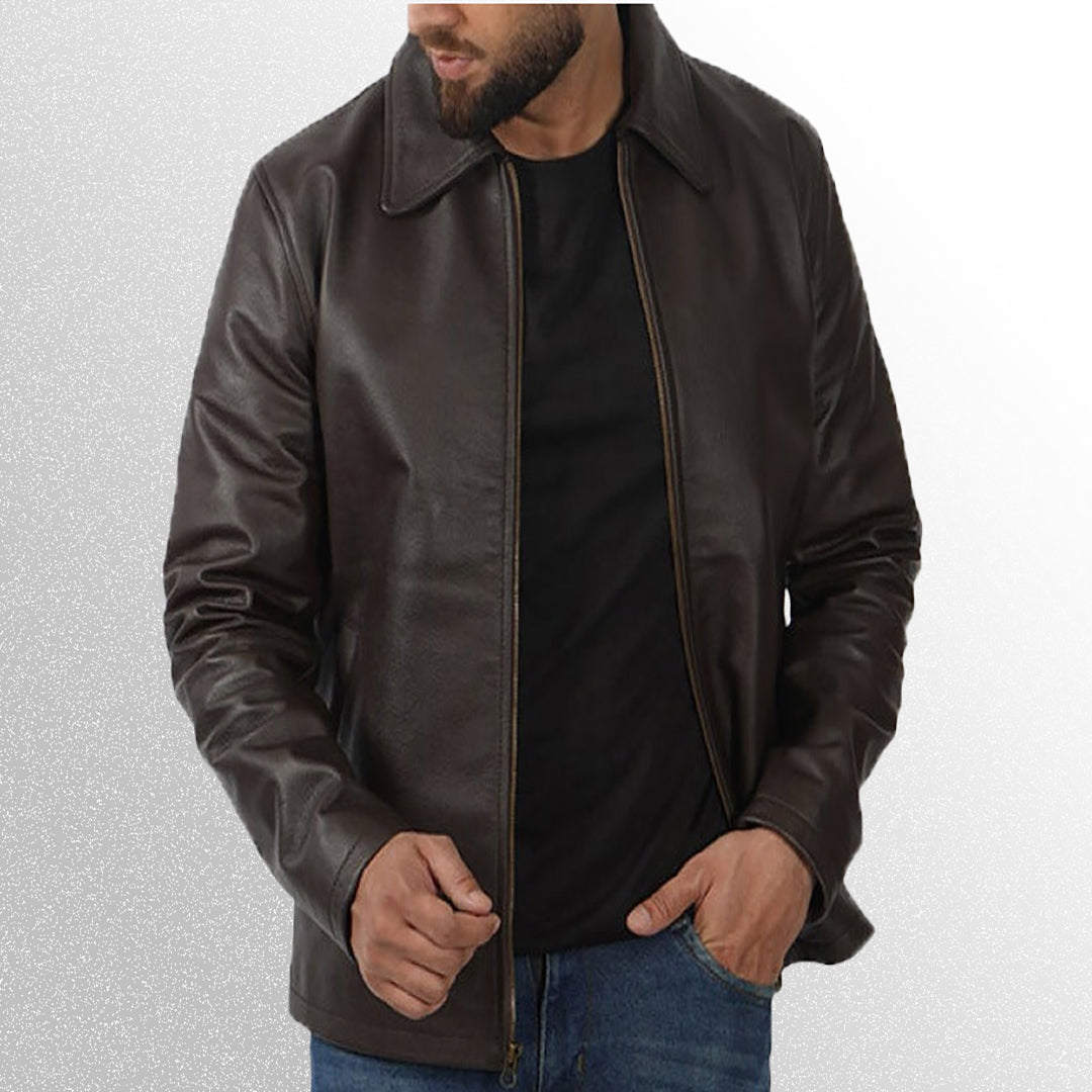 Men's dark brown vintage shirt collar zip open leather jacket