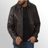 Men's dark brown vintage shirt collar zip open leather jacket