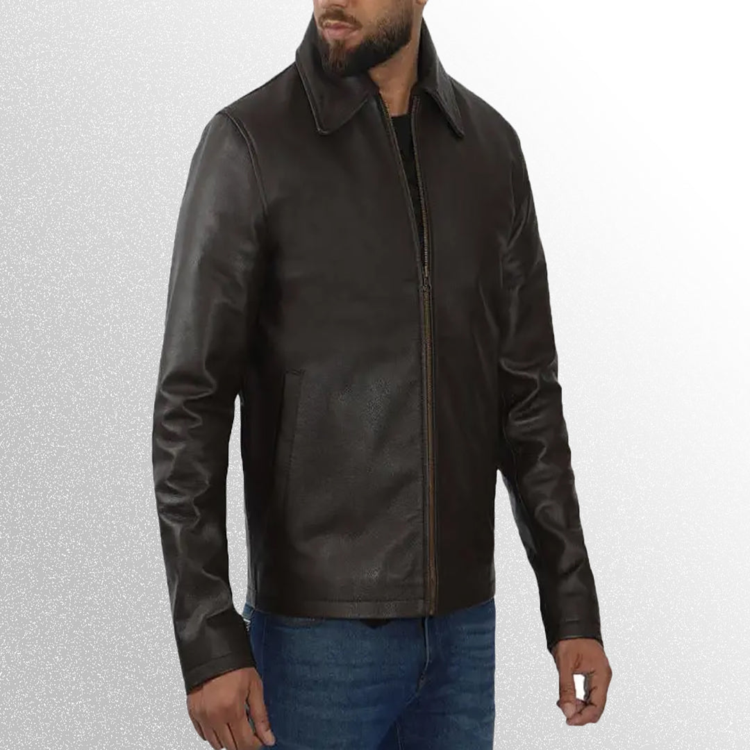 Men's dark brown leather jacket with a shirt collar side pose