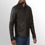 Men's dark brown leather jacket with a shirt collar side pose
