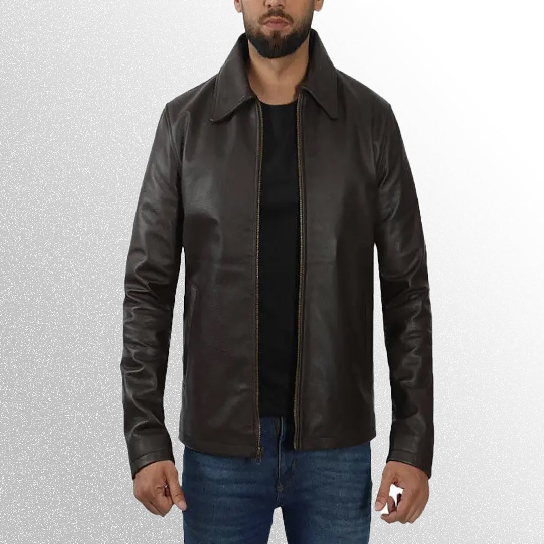 Men's dark brown vintage shirt collar leather jacket zip closure