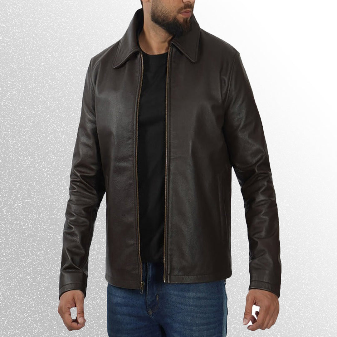 Men's dark brown vintage shirt collar leather jacket