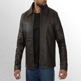 Men's dark brown vintage shirt collar leather jacket