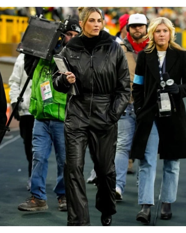 Reporter Erin Andrews Black Leather Jumpsuit for Women