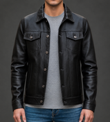 Men’s Black Distressed Leather Trucker Jacket