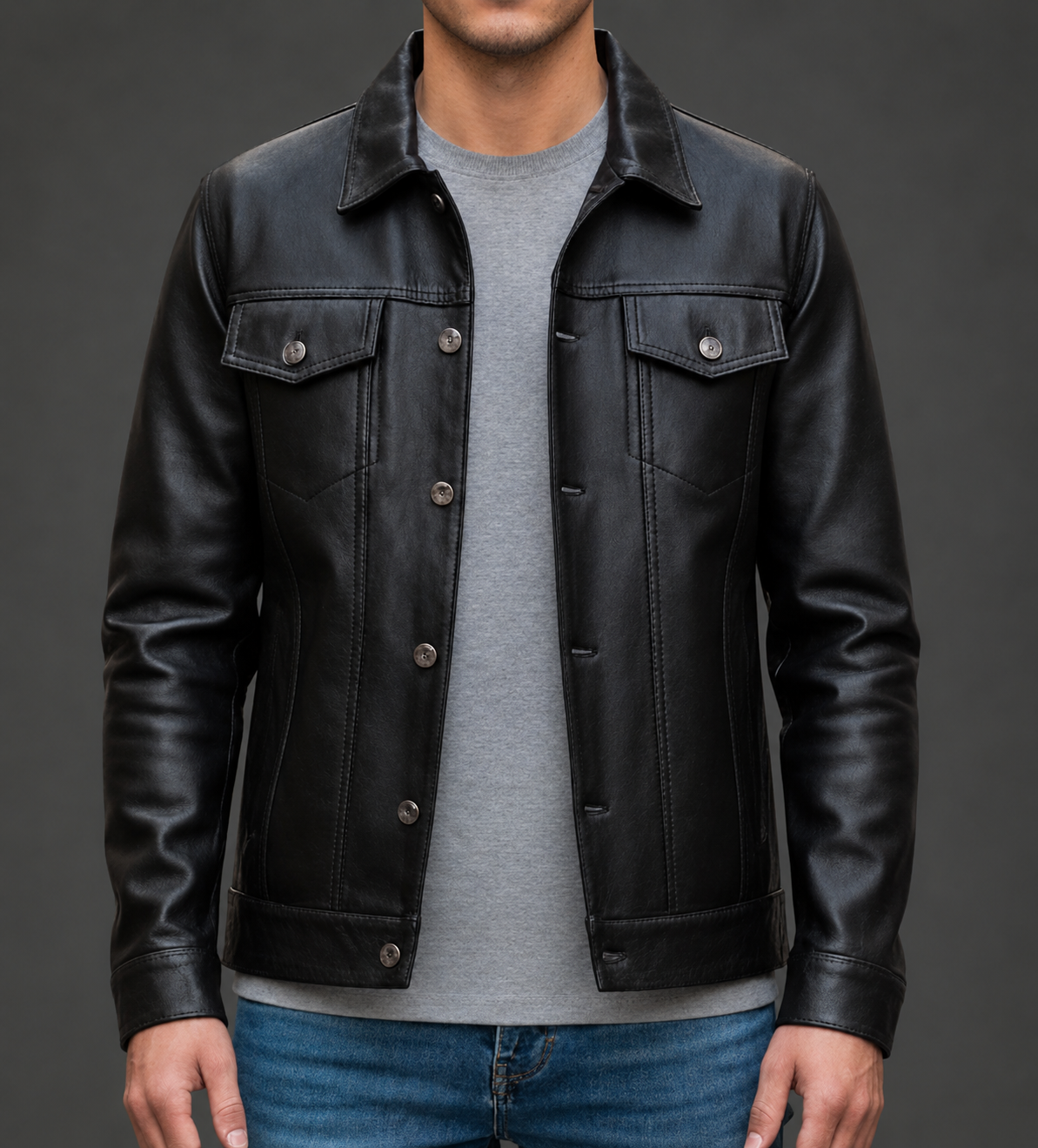 Men’s Black Distressed Leather Trucker Jacket