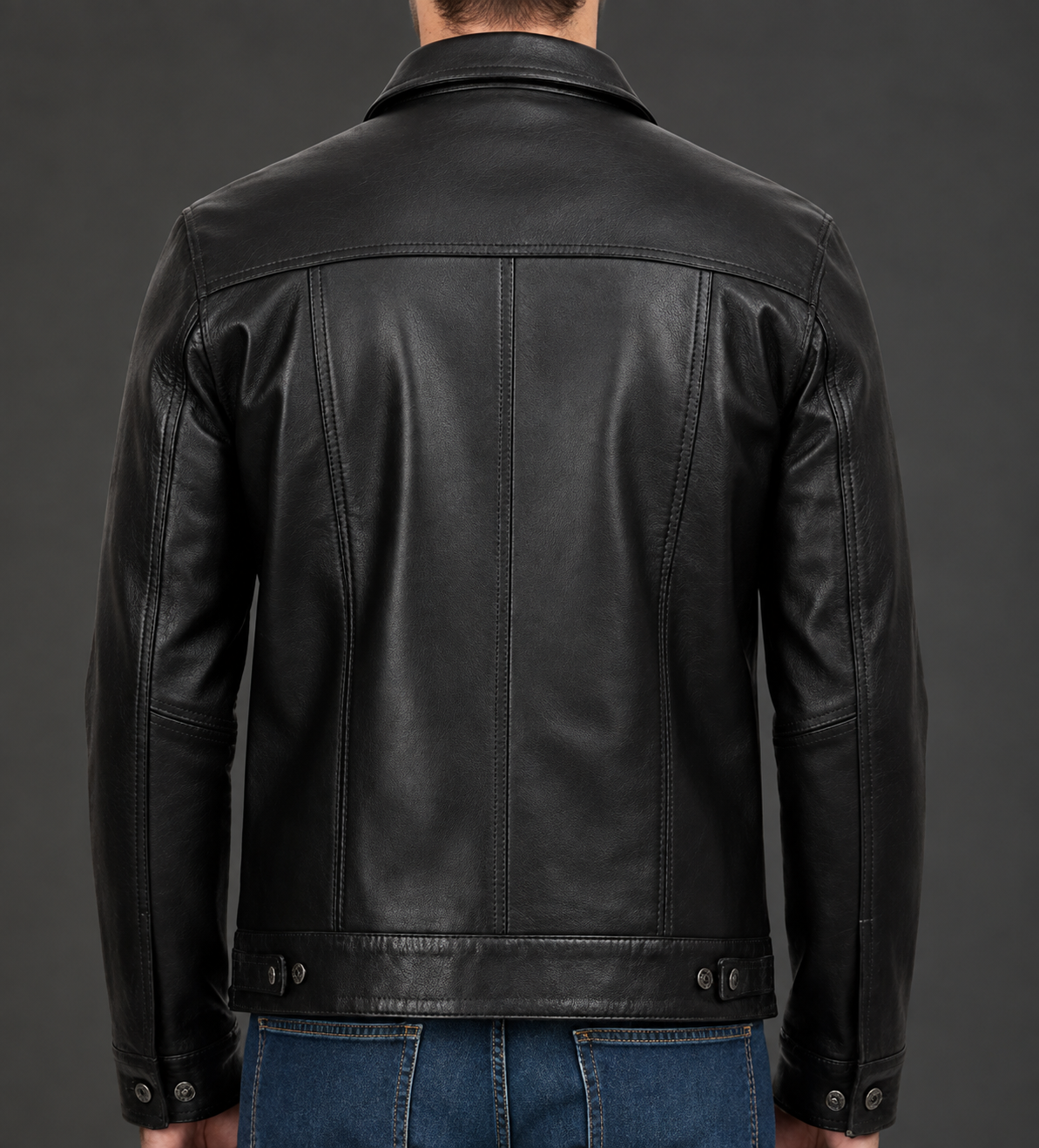 Men’s Black Distressed Leather Trucker Jacket