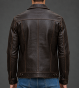 Men’s Dark Brown Distressed Leather Trucker Jacket