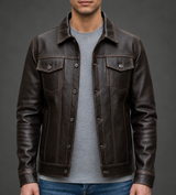 Men’s Dark Brown Distressed Leather Trucker Jacket