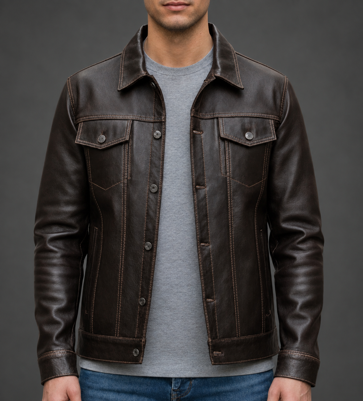 Men’s Dark Brown Distressed Leather Trucker Jacket